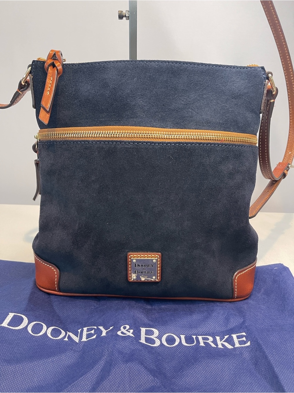 Dooney & Bourke Navy Suede Crossbody Bag | Red Interior | Leather Trim